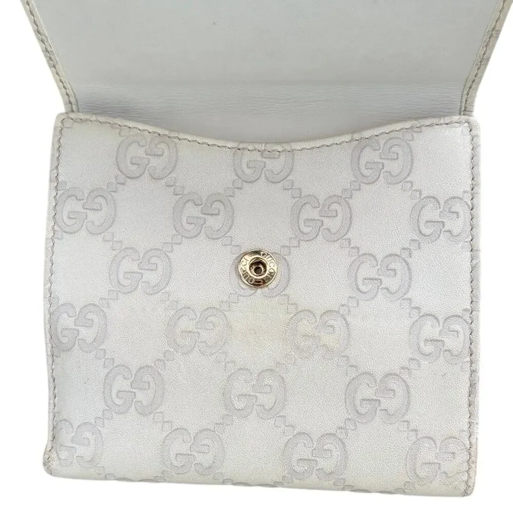 Gucci Guccissima Ivory Leather Compact Wallet with Gold Tab Snap Closure